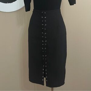 Missguided Black Lace-Up Pencil Skirt | Size 16 UK / 12 US | Front Slit | Stretc